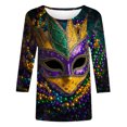 thumbnail image 4 of Cavosen Mardi Gras Womens 3/4 Length Sleeve Tops Crew Neck Festival Carnival Blouse Mask Graphic Print Tops Holiday Novelty Shirts Loose Athletic T-Shirts Party Shrove Tuesday 2XL, 4 of 5
