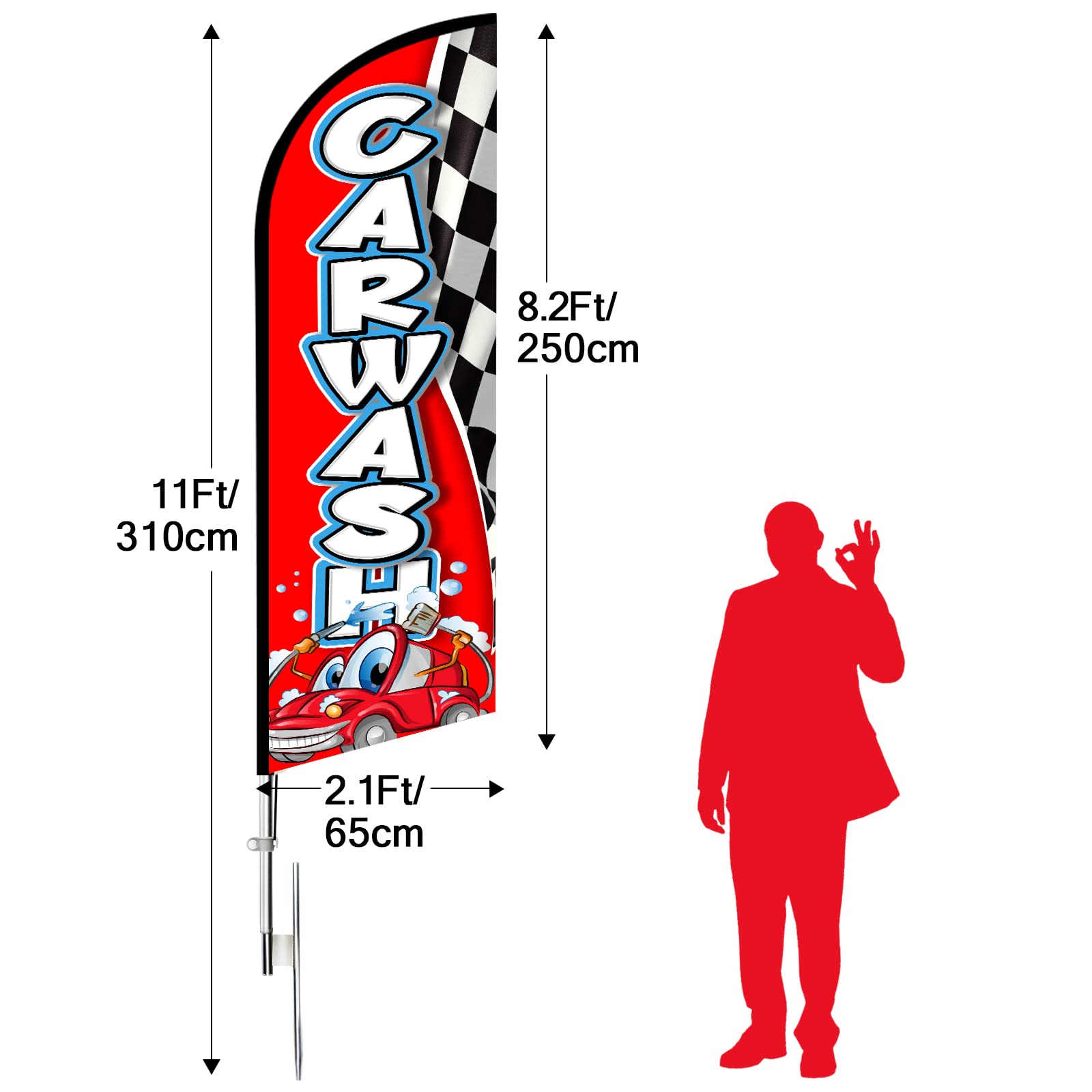 QSUM  Car Wash Sign Feather Flag,8FT Car Wash outdoor advertising flag, Car Wash Business Sign,Car Wash Swooper Flag（FLAG ONLY）