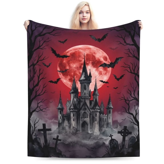 Gothic Bat Blanket, Horror Castle Flannel Throw Blanket, Super Soft Cozy Warm Blanket for Sofa, Couch, Bed, Dark Aesthetic Halloween Home Decor Gift 50x40
