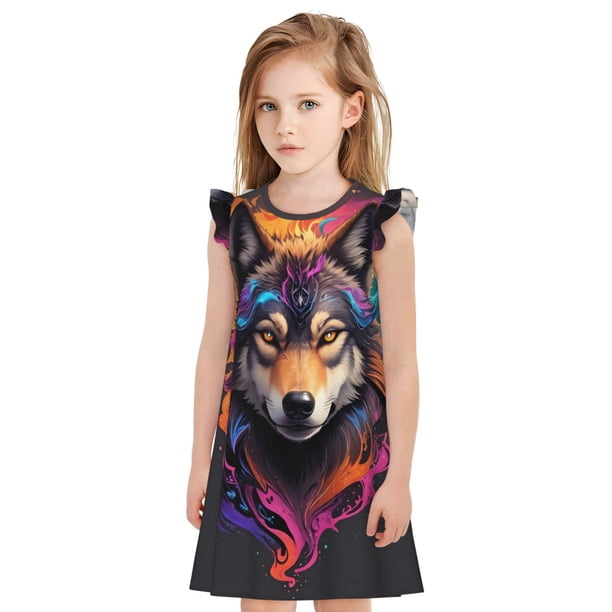Balery Colorful Wolf Head Camisón de princesa para niñas, pijama de algodón con mangas abullonadas, suave y bonito.-XX-Large