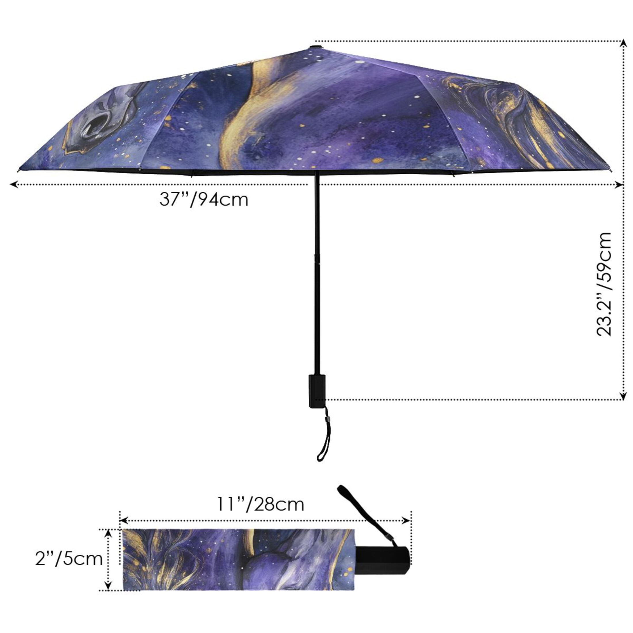 Elegant Purple Golden Horse All Weather Umbrella Triple Folding Parasol 6 Ribs UV Protection Portable