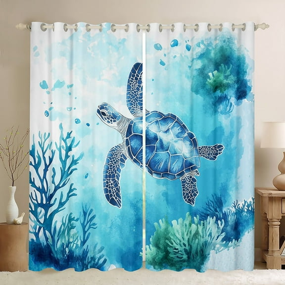Erosebridal Blue Sea Turtle Curtains for Living Room,Marine Animal 30%-50% Blackout Curtains Set of 2 (38x45),Curtains Pack of 2 (38x45),Ocean Theme Decoration