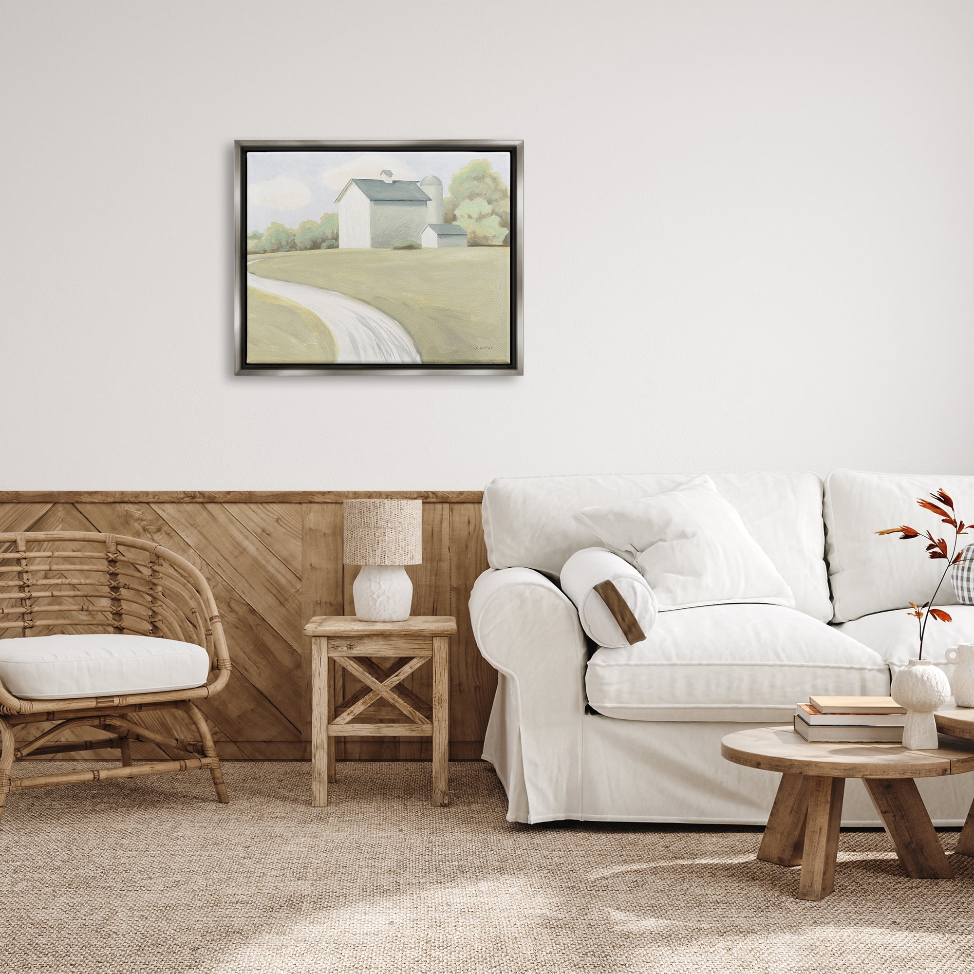 Stupell Industries Country Path to Barn Nature Painting Gray Floater Framed Art Print Wall Art, 31 x 25