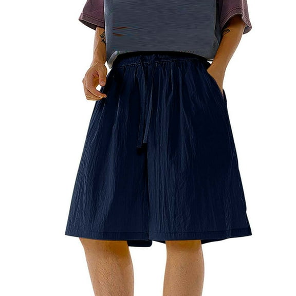Men's Casual Shorts With Elastic Waist, Drawstring, Lightweight Summer Beach Shorts With Pockets Navy S