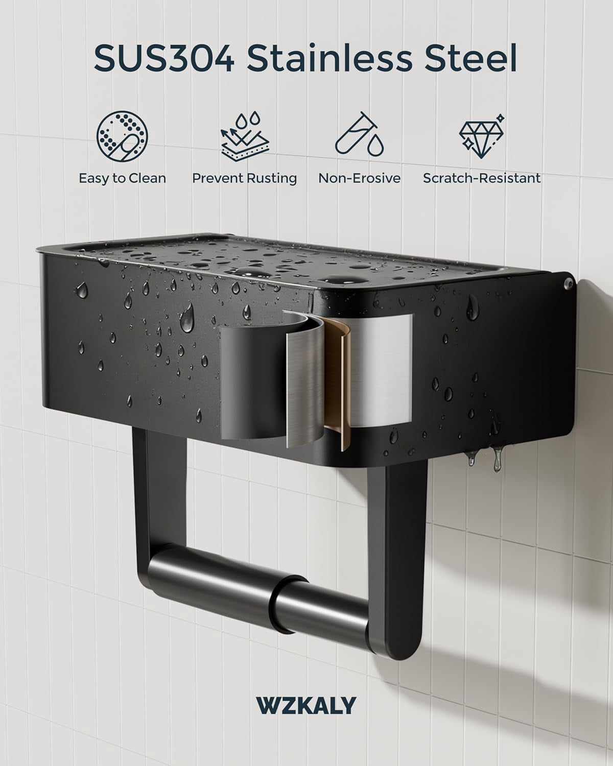 EP Toilet Paper Holder with Shelf - Flushable Wipes Dispenser & Storage Fits Any Bathroom, Keep Your Wet Wipes Hidden - Stainless Steel Wall Mount Bathroom Organizer -（Matte Black, Regular roll）