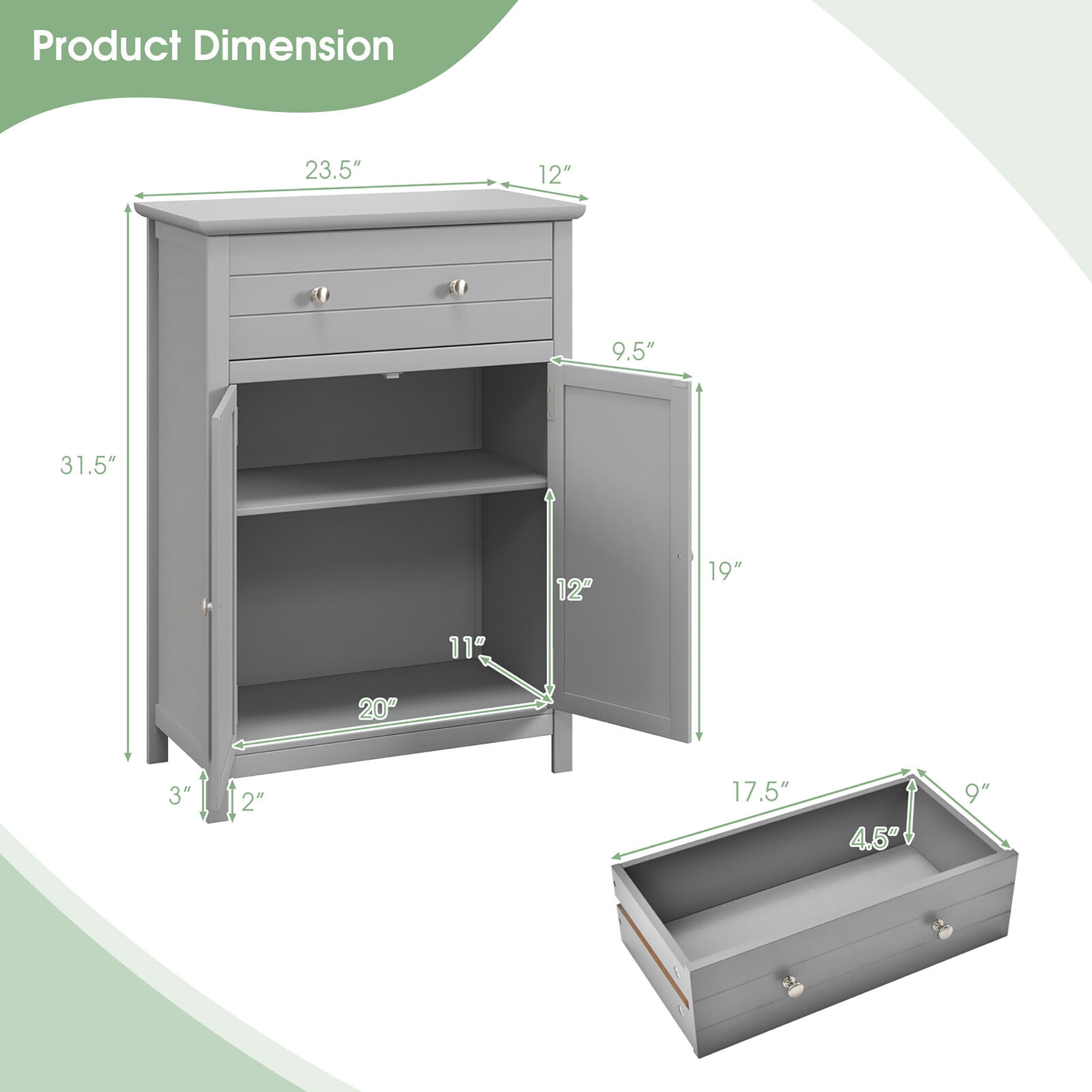 Gymax Bathroom Floor Cabinet Wooden Storage Organizer with Drawer & Doors Blcak