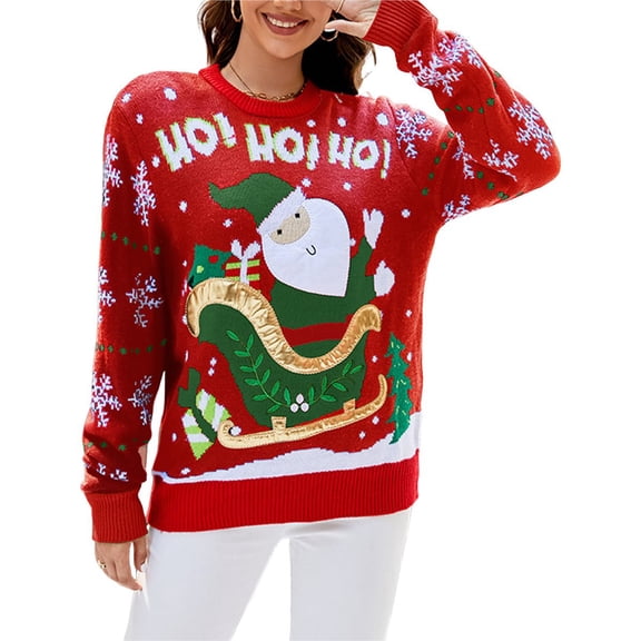Women's Ugly Funny Cute Christmas Tree Snowflake Reindeer Santa Sweater Knitted Pullover Tops Red XXL