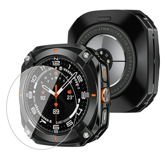 3 in 1 Metal Case for Samsung Galaxy Watch Ultra 47mm with Screen Protector, Stainless Steel Protective Bumper with Hard PC Back Cover,Black White