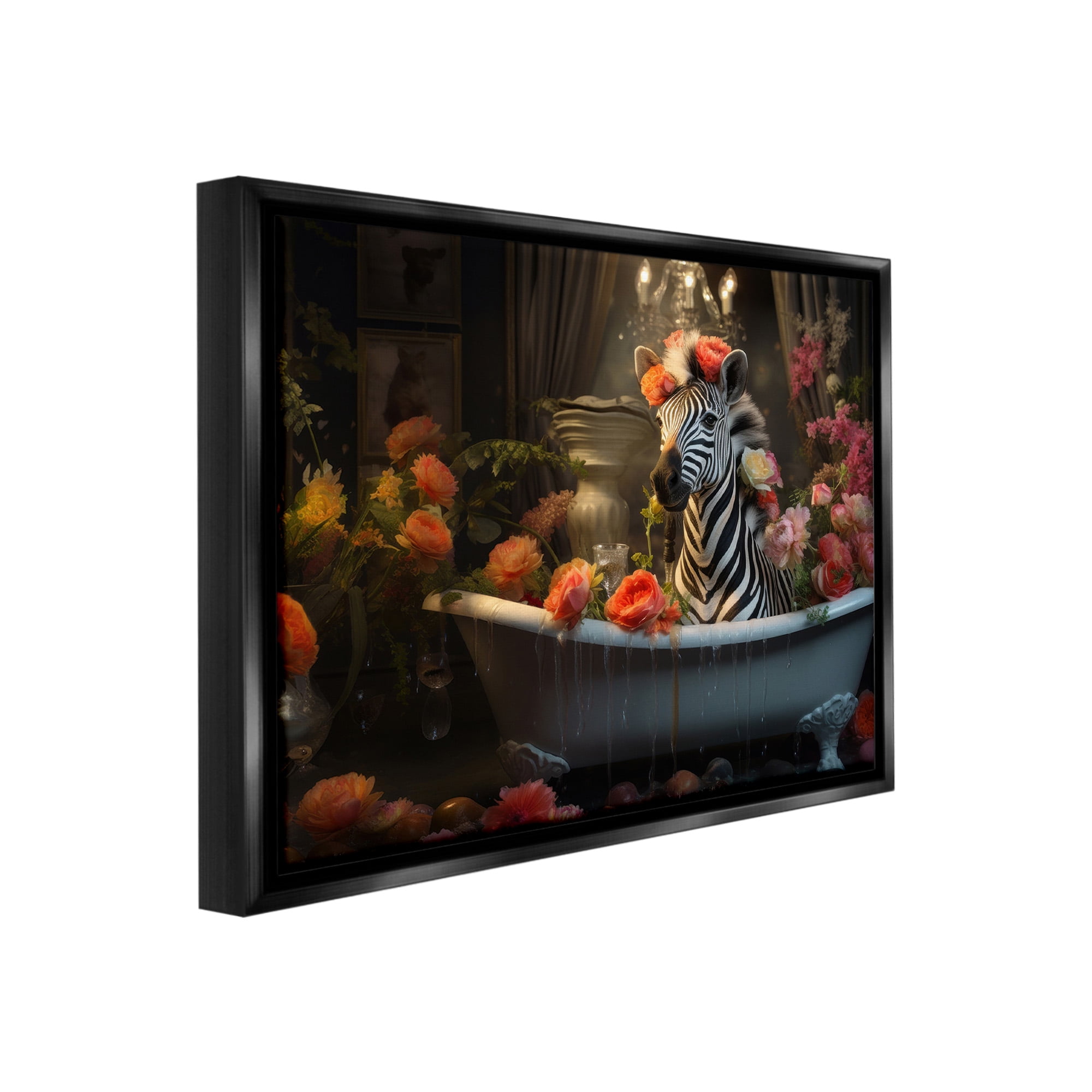 Stupell Industries Zebra Bathing with Florals Animals & Insects Painting Black Floater Framed Canvas Art Print Wall Art, 21 x 17