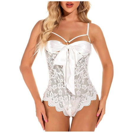 

Intimates Tie Front Knot Front Floral Teddy Lingerie One-Piece Lace Bodysuit Polyester no underwire sports bra White