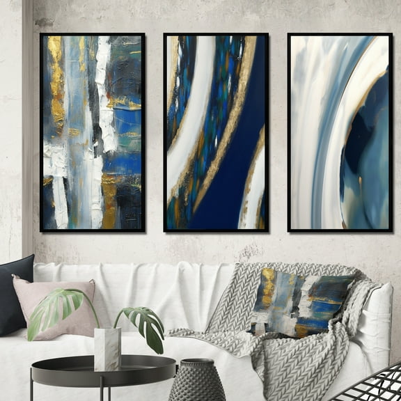 Designart "Ethereal Understanding Regal Blue And Gold I" Abstract Painting Framed Wall Art Set Of 3 - Gold Modern Frame Gallery Wall Set For Home Decor