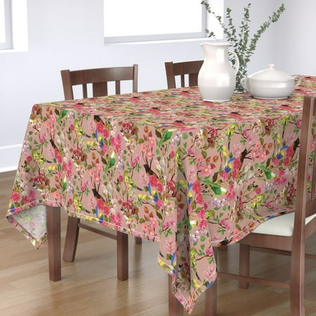 

Cotton Sateen Tablecloth 90 Square - Chinoiserie Rose Pink Floral Botanical Victorian Feminine Flowers Print Custom Table Linens by Spoonflower