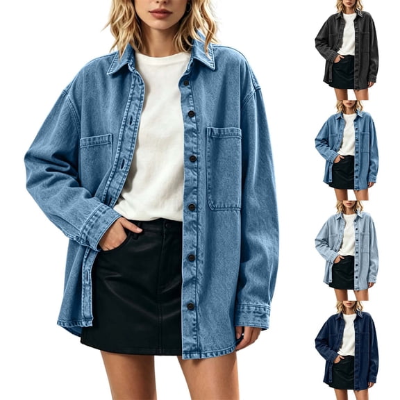 Women's Oversized Denim Shirt Jacket Lapel Long Sleeve Button Down Blouses Vintage Washed Denim Shacket Loose Casual Jean Jacket Tops Navy