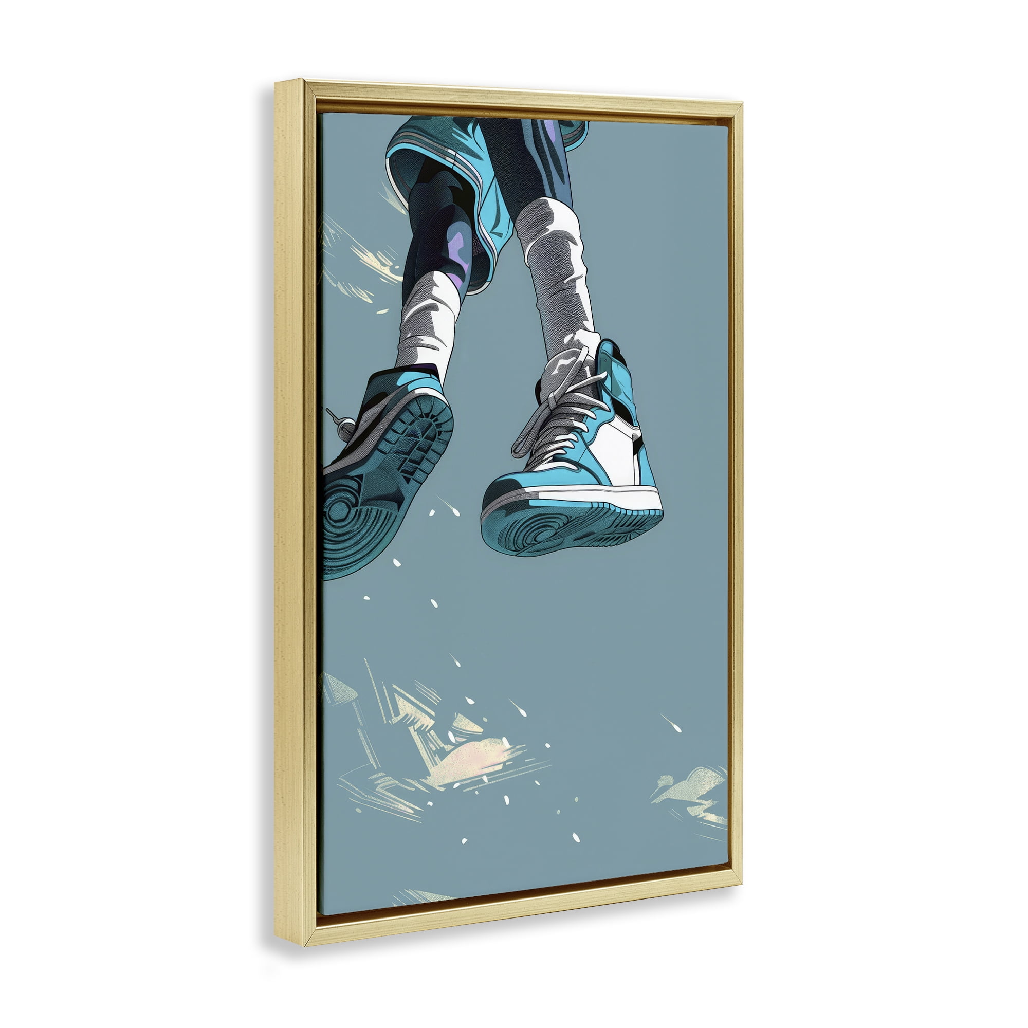 Stupell Industries Sporty Jump with Sneakers Gold Framed Floater Canvas Wall Art, design by Ray Powers
