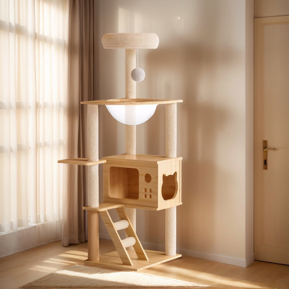Modern Wood Cat Tree Tower - Indoor Cat Condo with Sisal Scratching Posts, Perch & Acrylic Hammock - For Small/Large Cats