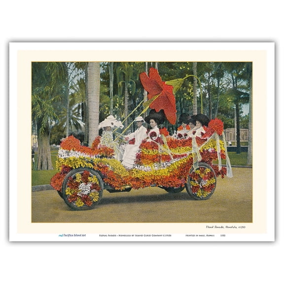Floral Parade - Honolulu Territory of Hawaii - Vintage Hawaiian Color Postcard by Island Curio Company c.1910s - Master Art Print (Unframed) 9in x 12in