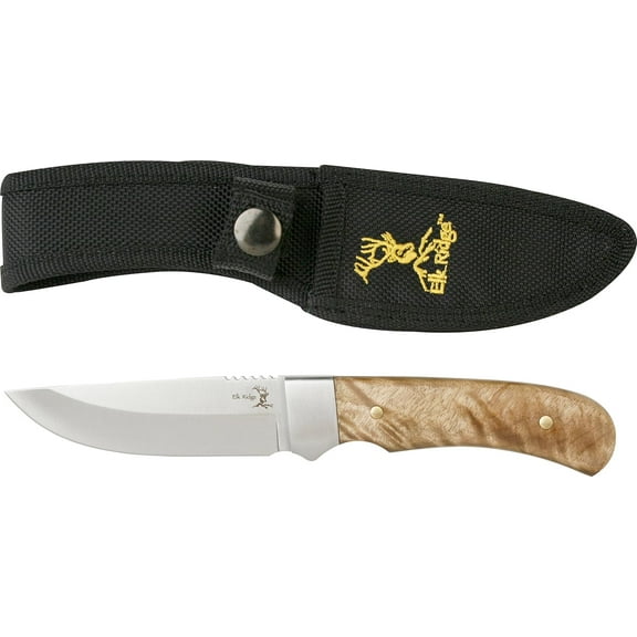 Elk Ridge ER-107 Fixed Blade Knife - 4.5" 3cr13 Stainless Steel Blade, Wood Handle, Full Tang Outdoor Hunting Survival Knife with Leather Sheath