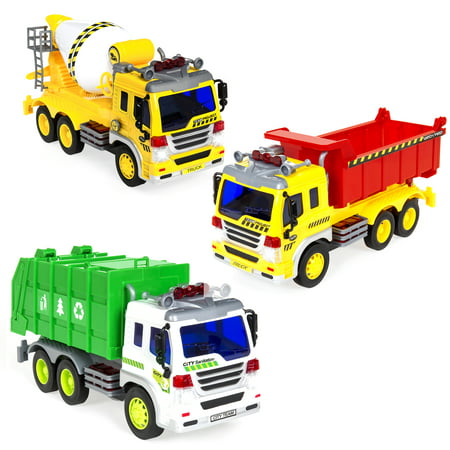 Best Choice Products 3-Pack 1/16 Scale Push-and-Go Friction Powered Garbage Truck, Cement Mixer Truck, and Recycling Truck w/ Lights and