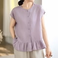 thumbnail image 4 of FRSASU Womens Ruffle Hem Shirts Short Sleeve Peplum Cardigans Crew Neck Button Cotton Linen Tops Purple, 4 of 9