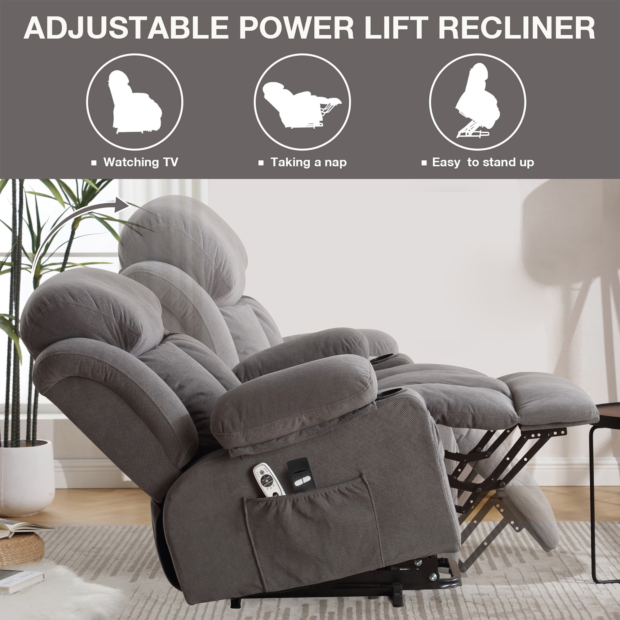 Electric Power Lift Recliner Chair with Heat, Massage, Side Pocket, USB Charge Port, Remote Control
