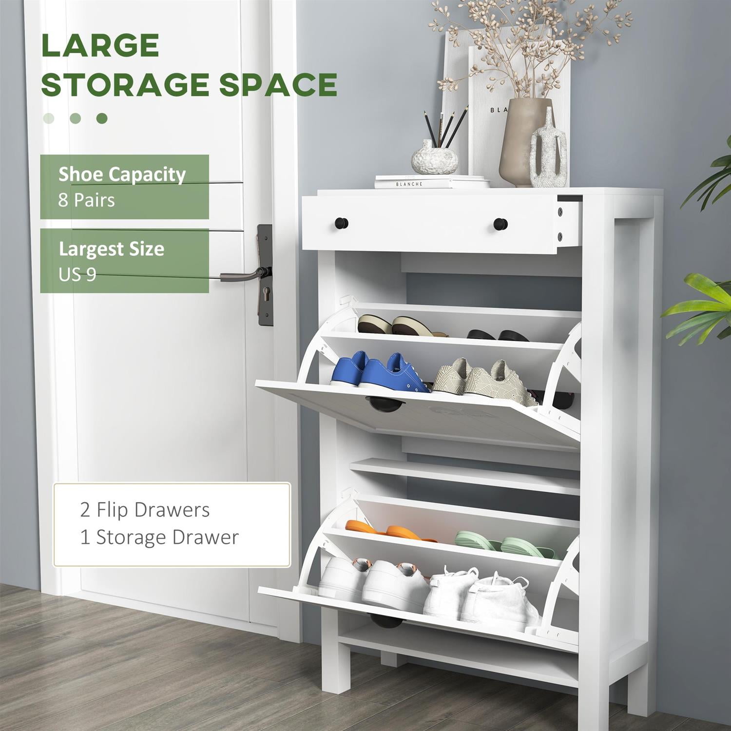 Demi Bonn 38" Shoe Storage Cabinet with Flip Drawers, 8 Pair Capacity, Compact Design for Home Organization, White