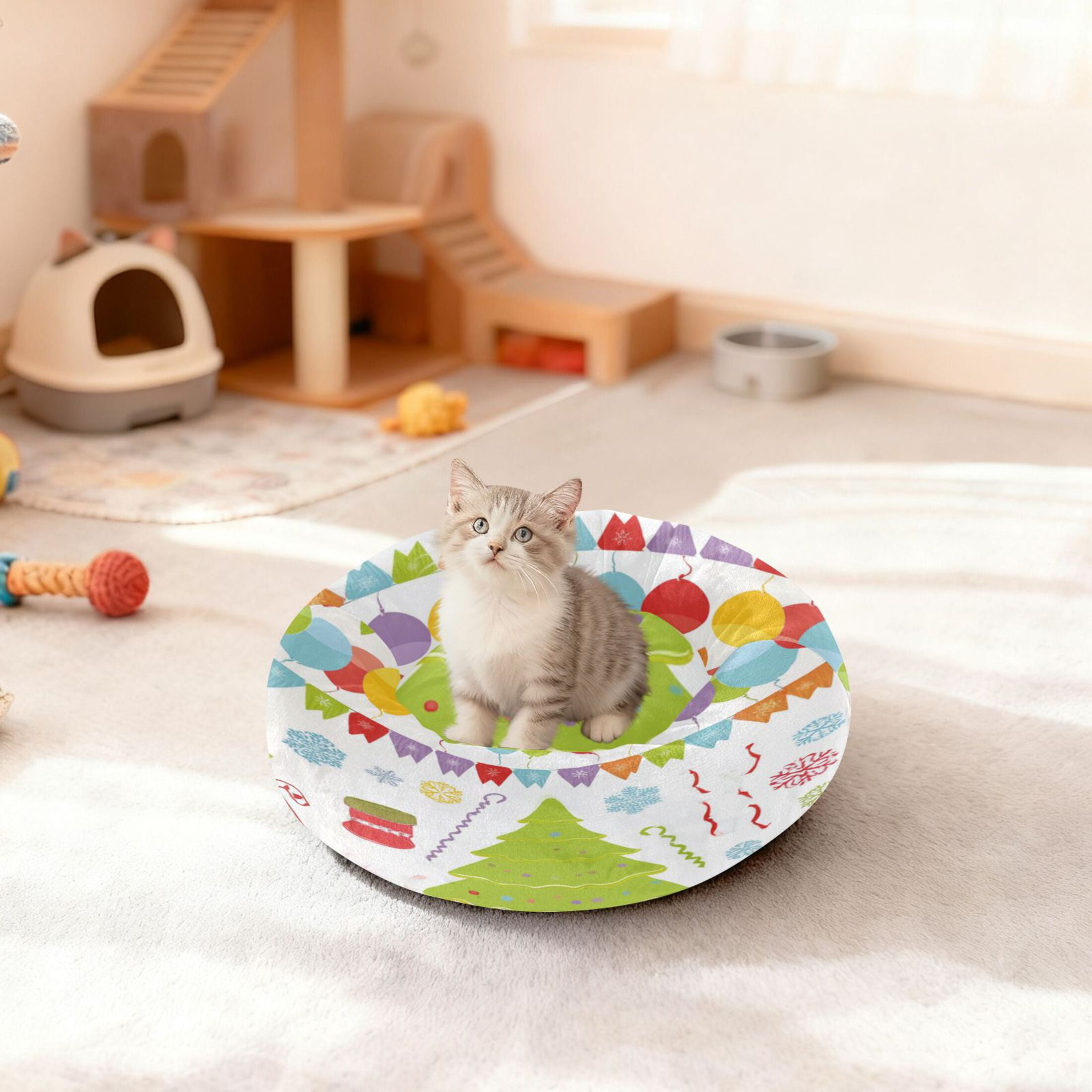 Iauyy Pet Couch Donut Cat Bed for Indoor Cats/Small Dogs Washable & Machine with Non-slip Bottom Calming Cat Furniture, A Flags Wreaths (M)