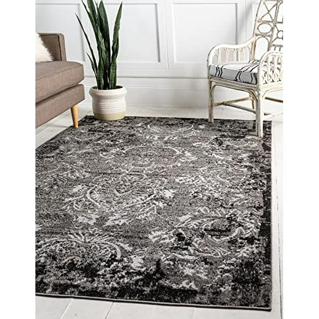 Unique Loom Botanical Collection Vintage Floral Transitional Indoor and Outdoor Flatweave Area Rug, 4 x 6 Feet, Light Gray/Black