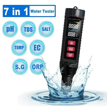 Wiher Digital PH Meter, 7 in 1 Water Tester TDS Meter/Salinity Tester/Temp/pH Meter/EC/S.G/ORP Meter for Pool, Fish Tank, Drinking water, hydroponics, Black