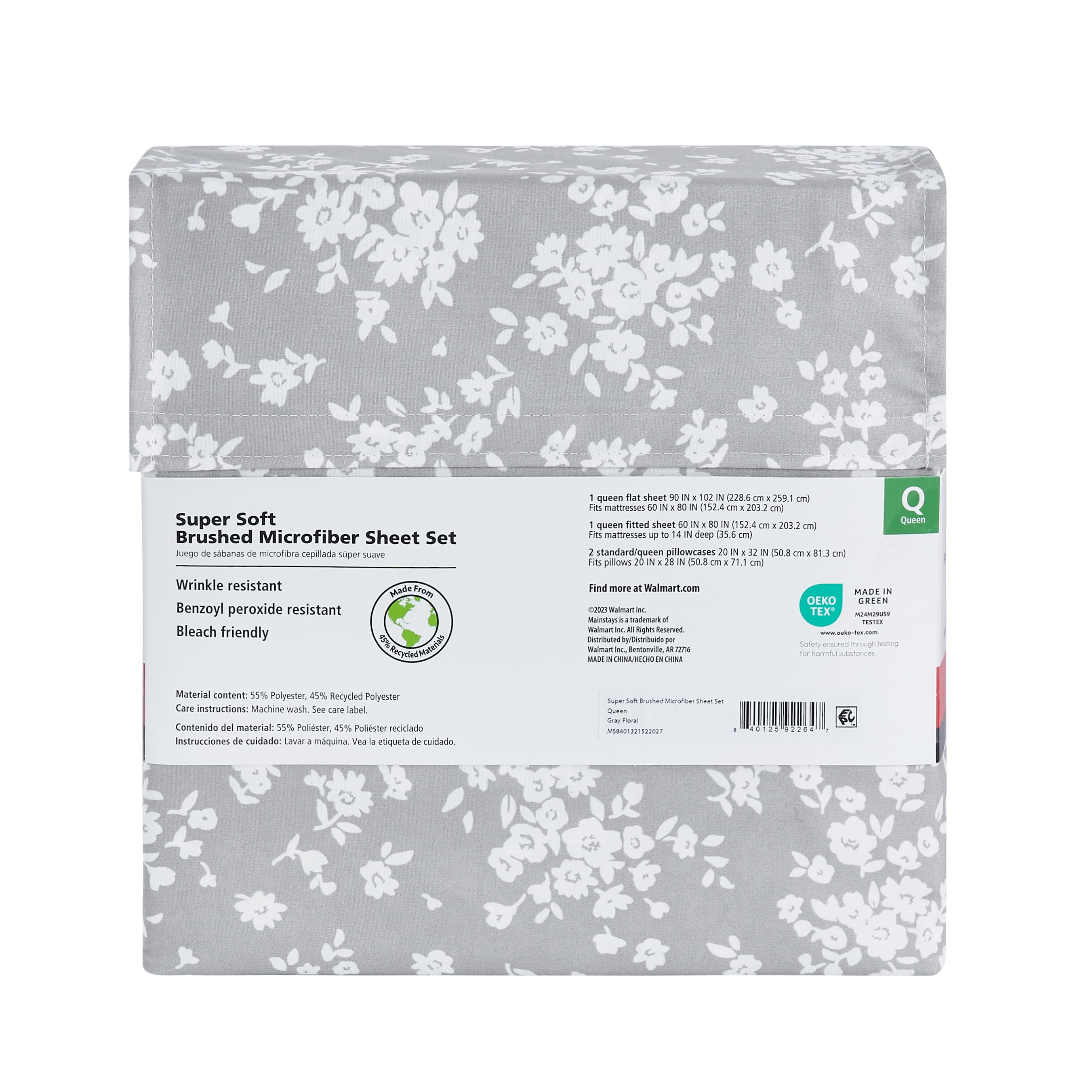 Mainstays Super Soft Brushed Microfiber Bed Sheet Set, King, Gray Floral, 4 Piece