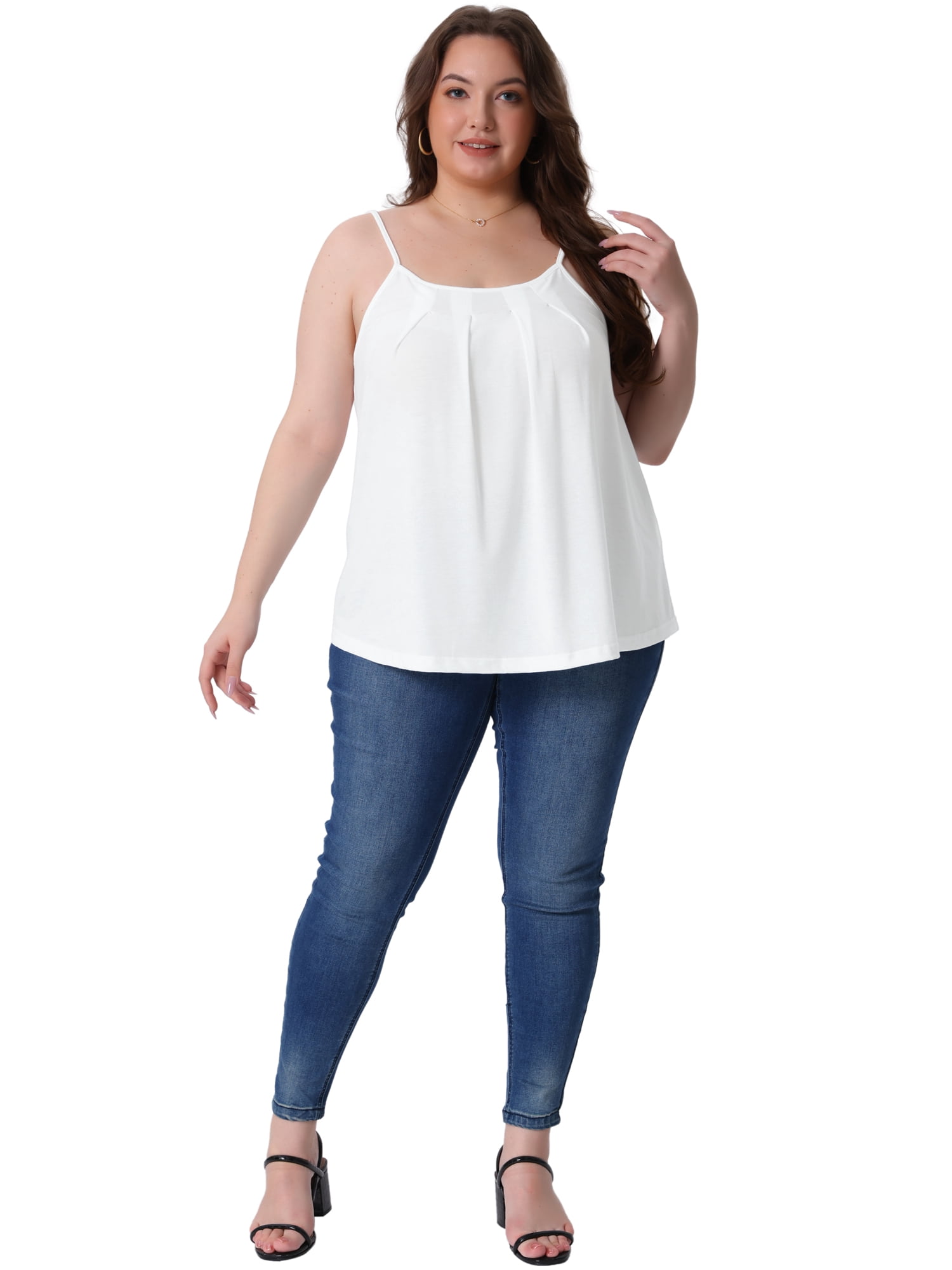 DARING DIVA Women's Plus Summer Crew Neck Tank Tops Pleated Sleeveless Cami 2X White