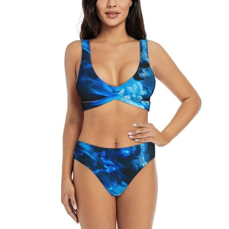 Zeuib Blue Fire Cool Wolf High Waisted Tummy Control Bikini Set - Knot Front Push Up Top & Cheeky Thong Bottom  Two-Piece Swimsuit for Women-Medium