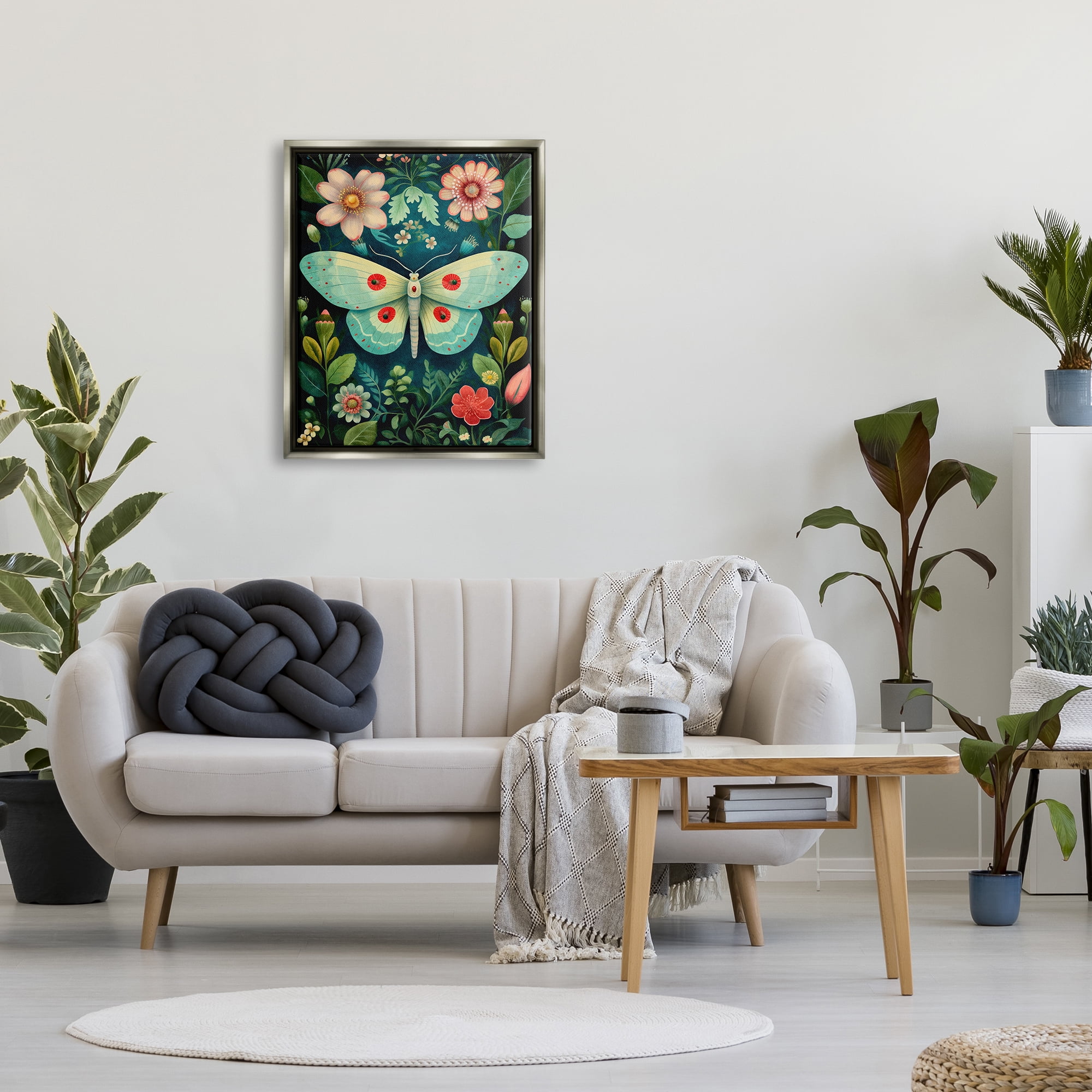 Stupell Industries Green & Pink Moth Pattern Animals & Insects Painting Gray Floater Framed Canvas Art Print Wall Art, 25 x 31
