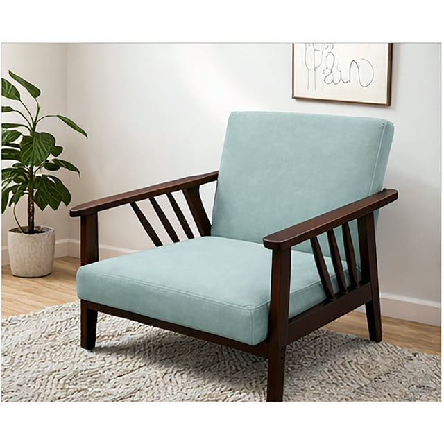 Toytexx Mid-Century Modern Accent Chair, Solid Wood Frame Armchair with Slatted Arms and Cushioned Fabric Upholstery, Single Lounge Chair for Living Room, Bedroom, or Office, Light Green