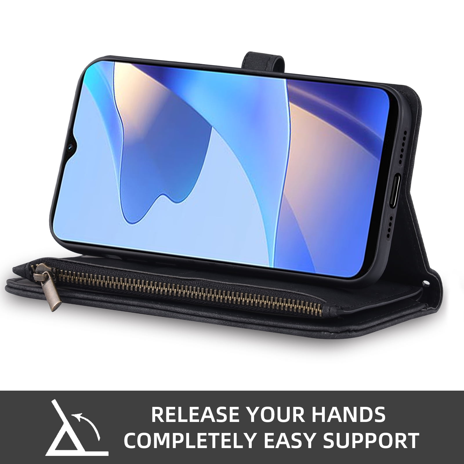 Asuwish Phone Case for Samsung Galaxy A16 5G/4G Wallet Cover With Tempered Glass Screen Protector Crossbody Wrist Strap Flip Pattern Zipper Credit Card Holder Stand Cell A 16 16A SM-A166U Women Black