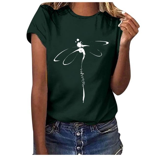 Fgnfyis Hauts pour Femmes T-Shirt Court Chemise Décontractée Tunique à Manches Imprimé Col Rond Lettres Hauts Blouse T-Shirts à Manches Courtes pour Femmes Vert Foncé S