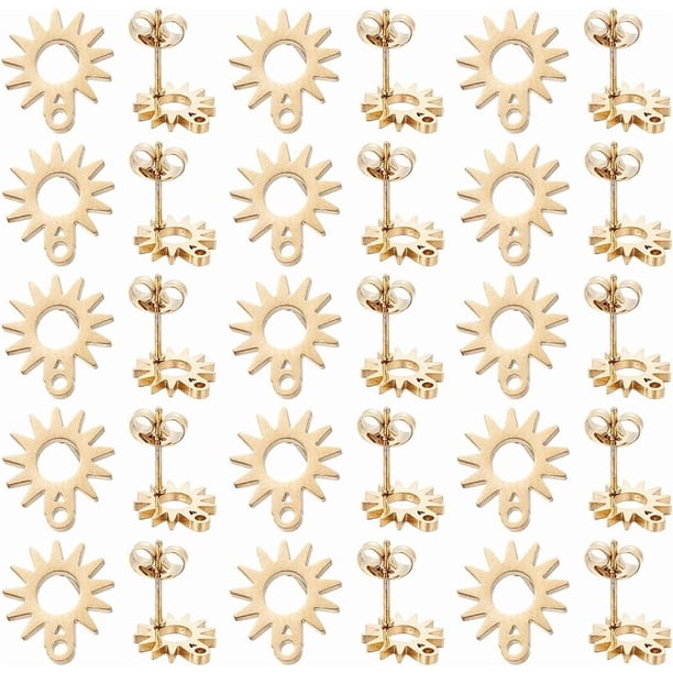 1 caja con 40 juegos de accesorios para aretes tipo botón, aretes tipo sol con aro, aretes tipo botón de acero inoxidable y cierres tipo mariposa, aretes tipo botón dorados.