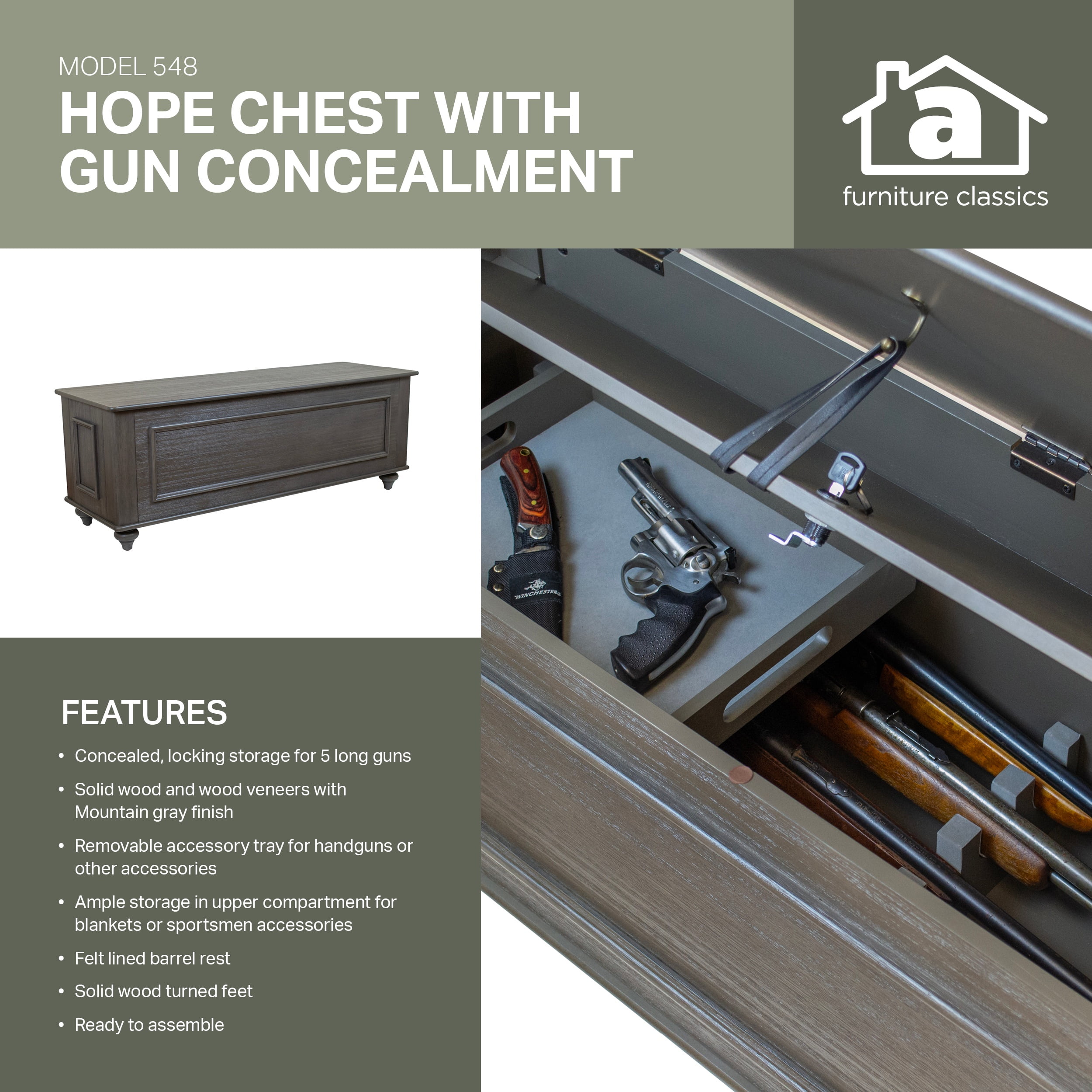 American Furniture Classics Model 548 Hope Chest Bench with Gun Concealment Grey