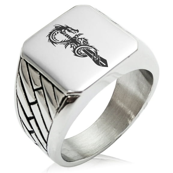 Stainless Steel Exalted Dragon Blade Geometric Pattern Biker Style Polished Ring
