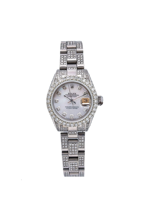 Pre-Owned Rolex Datejust 26MM 69160 Mother of Pearl Diamond Dial Diamond Bezel Stainless Steel Full Diamond Oyster Bracelet 5.75ct
