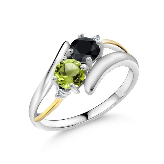 Gem Stone King 1.26 Ct Round Black Sapphire Green Peridot 925 Silver and 10K Yellow Gold Lab Grown Diamond Two Stone Crossover Ring (Size 9)