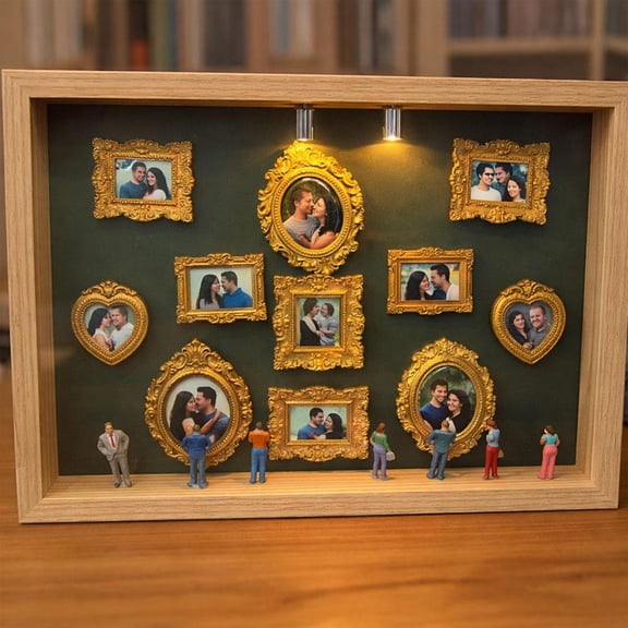 SharkTRUE DIY Mini Museum Shadow Box with Gold Frames & Figurines - 9.84" Memory Display Kit for Photos & Keepsakes