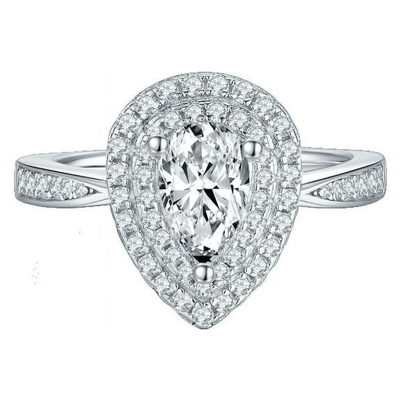 Classic 1Carat Pear Cut Moissanite Pave Diamond Engagement Ring In 18K White Gold Plating Over Silver