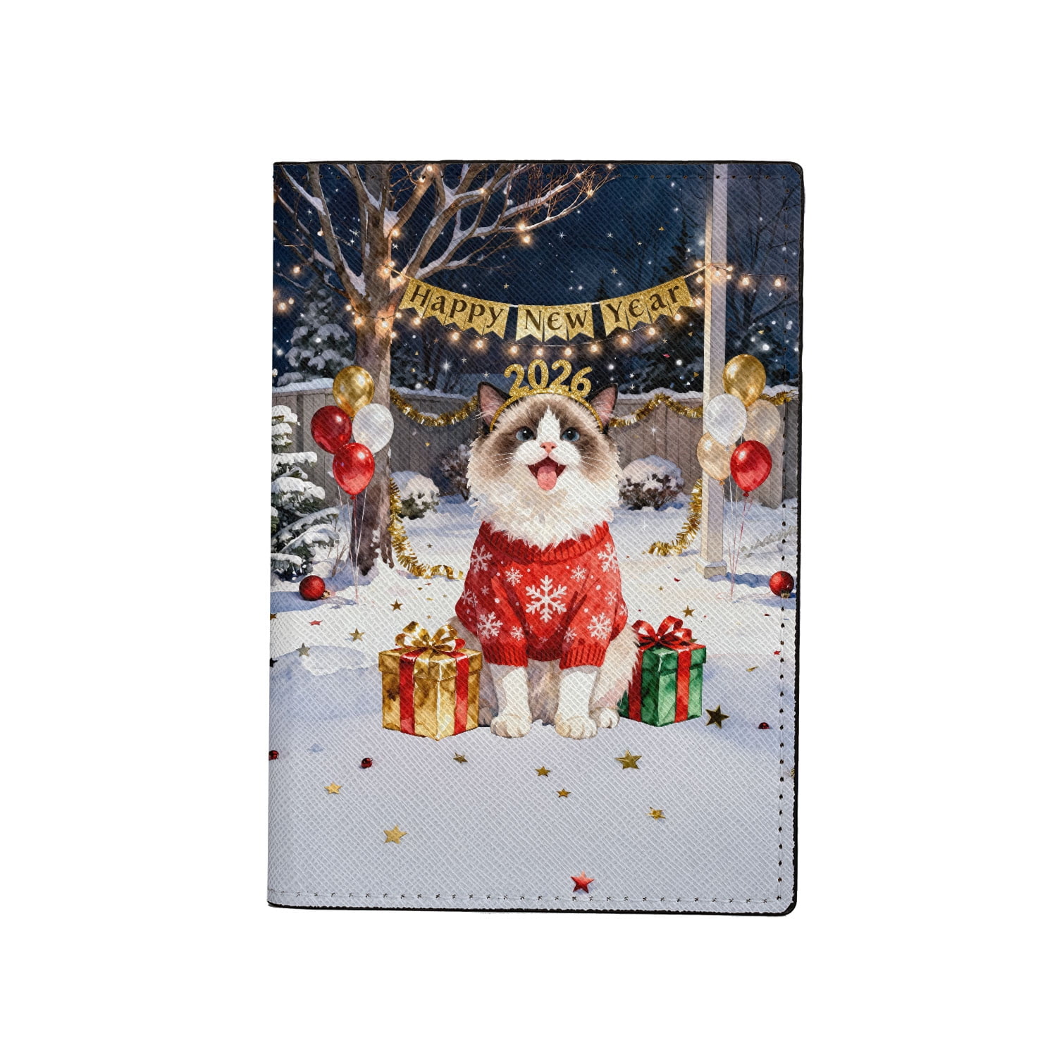 Happy New Year 2026 Ragdoll Holiday Balloons Party Snow Travel Passport Wallet Cat Lover Kitten Owner Gifts Idea PU Leather Passport Holder Cover - 13018