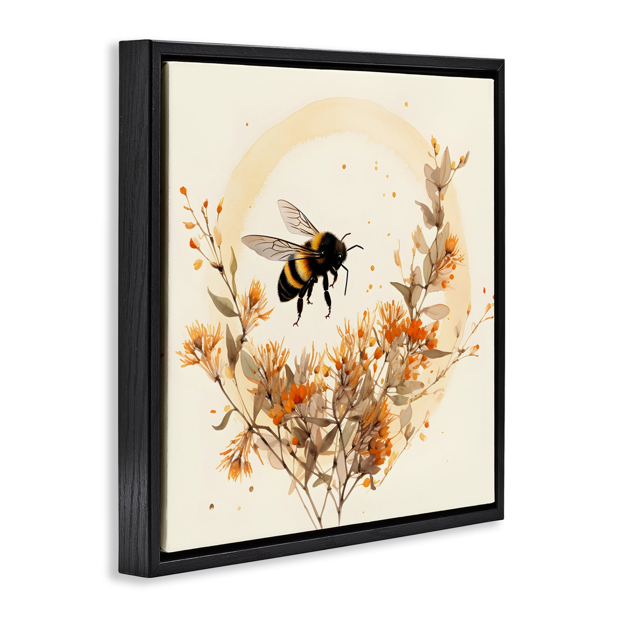 Stupell Industries Bee Florals View Animals & Insects Painting Black Floater Framed Canvas Art Print Wall Art, 18 x 18