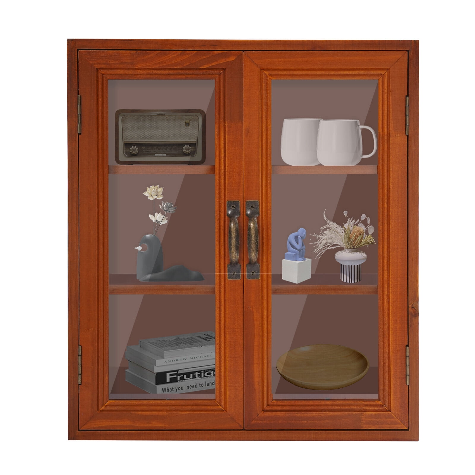 Wood Storage Cabinet 3-Tier Storage Cupboards Double Door Pantry Cabinet Brown