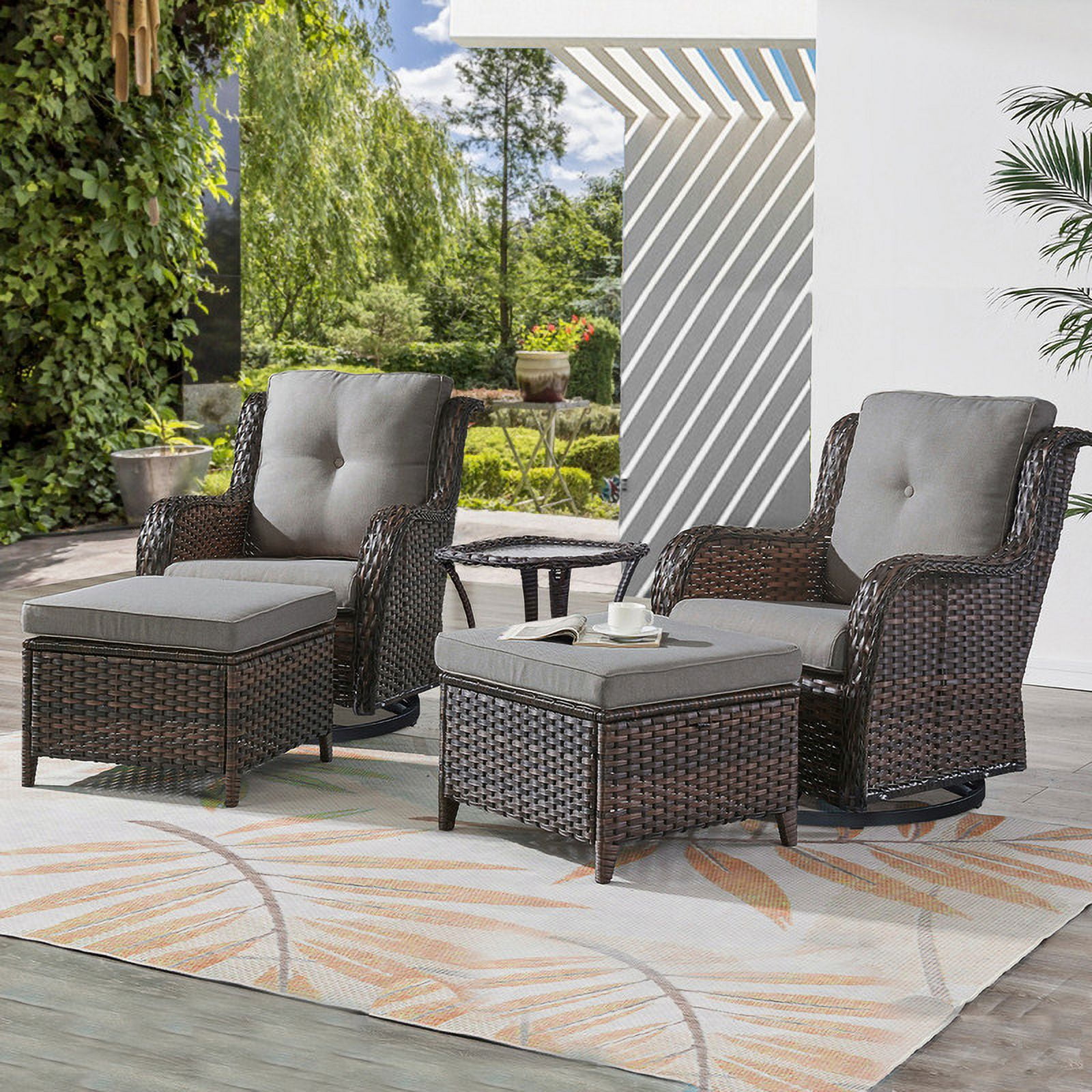 PARKWELL 5-Piece Outdoor Conversation Sets,Wicker Swivel Gliders with Ottomans,Side Table,Patio Seating Furniture with Gray Cushions,Brown Wicker