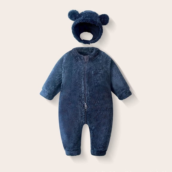 Eltusu Boys Fleece Bodysuit, Thermal Long Sleeve Hooded Solid Color Winter Romper Navy Size 3-6 Months