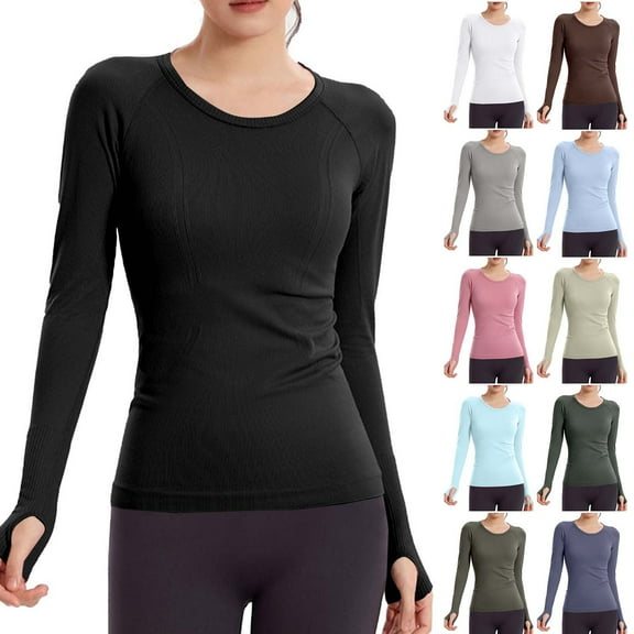 UTSJKR Workout Shirts for Women Long Sleeve Seamless Yoga Top Sports Running Shirt Breathable Gym Athletic Tops Slim Fit Black M