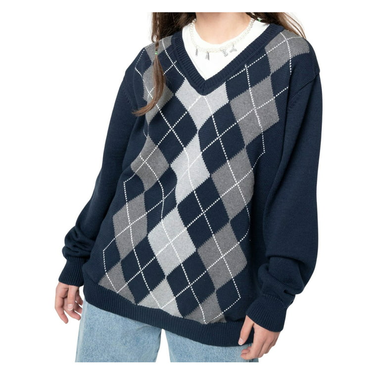 Women Knit Sweater Vest Argyle Sweater Color Block Long Sleeve V