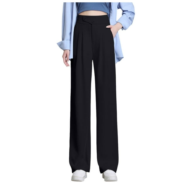 Pantalones anchos de color liso para mujer - Pantalones de traje de cintura alta con cintura elástica - Mezcla de poliéster y spandex, dos bolsillos, ideales para la oficina y para looks informales